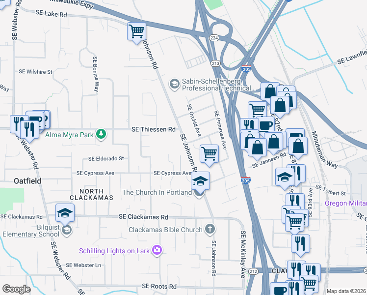 map of restaurants, bars, coffee shops, grocery stores, and more near 14839 Southeast Johnson Road in Milwaukie
