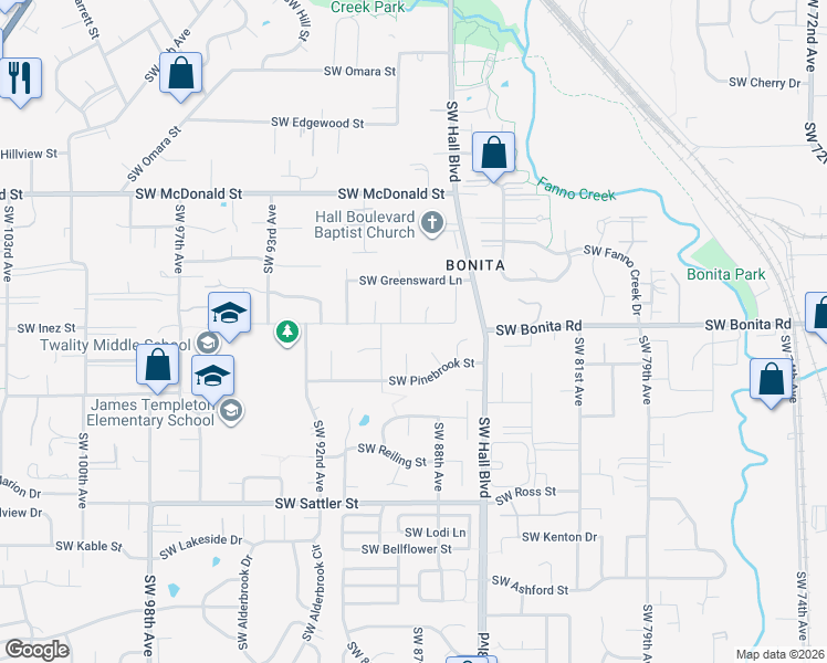 map of restaurants, bars, coffee shops, grocery stores, and more near 8799 Southwest Inez Street in Tigard