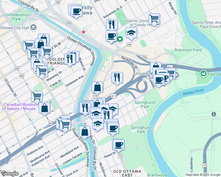 map of restaurants, bars, coffee shops, grocery stores, and more near in Ottawa