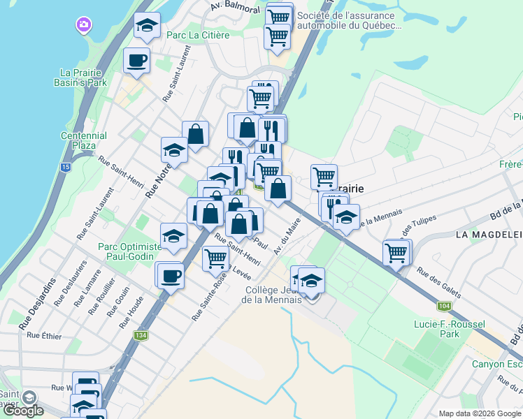 map of restaurants, bars, coffee shops, grocery stores, and more near 592 Rue Saint-Georges in La Prairie