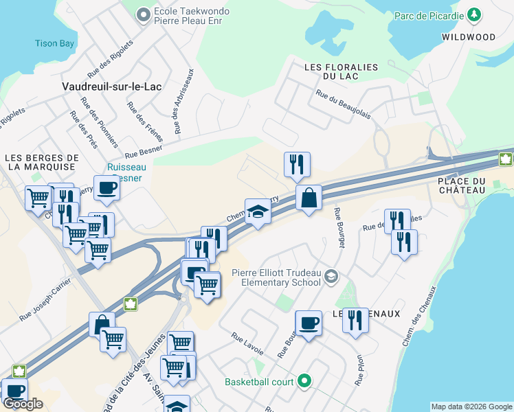 map of restaurants, bars, coffee shops, grocery stores, and more near Chemin Dumberry in Vaudreuil-Dorion