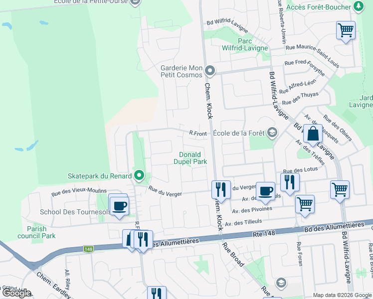 map of restaurants, bars, coffee shops, grocery stores, and more near 114 Rue du Carcajou in Gatineau