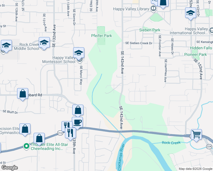 map of restaurants, bars, coffee shops, grocery stores, and more near 14917 Southeast 142nd Avenue in Clackamas