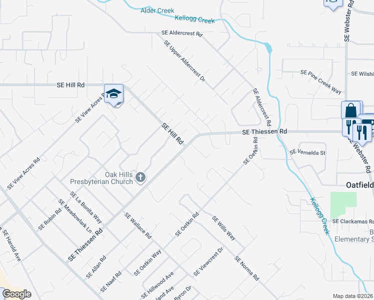 map of restaurants, bars, coffee shops, grocery stores, and more near 5409 Southeast Thiessen Road in Milwaukie