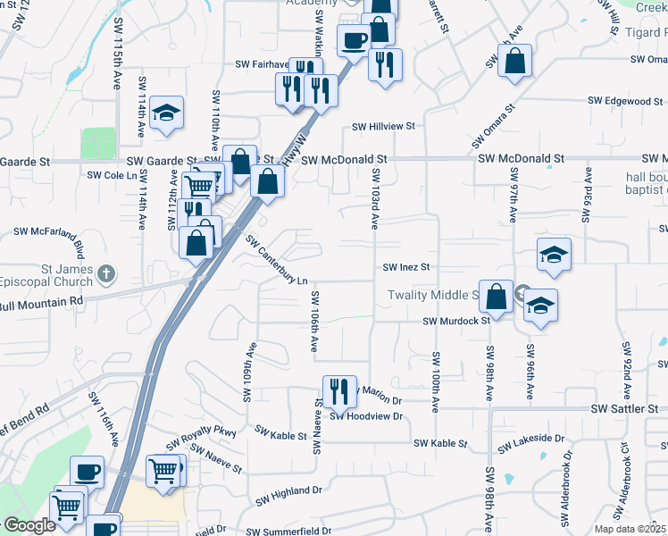 map of restaurants, bars, coffee shops, grocery stores, and more near 10505 Southwest Canterbury Lane in Tigard