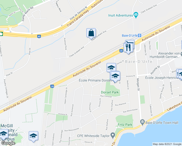 map of restaurants, bars, coffee shops, grocery stores, and more near 117 Rue Churchill in Baie-d'Urfé