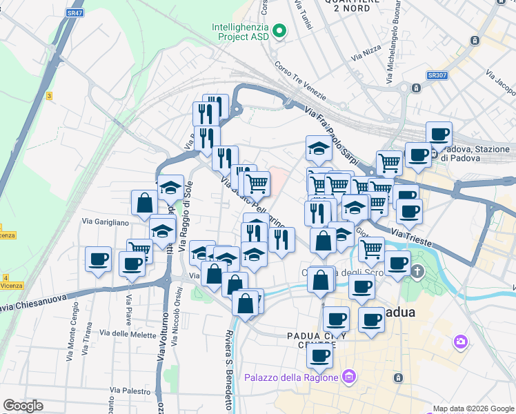 map of restaurants, bars, coffee shops, grocery stores, and more near Via Beato Pellegrino in Padua