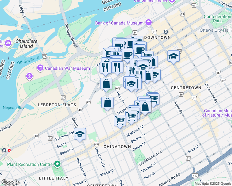 map of restaurants, bars, coffee shops, grocery stores, and more near 556 Laurier Avenue West in Ottawa