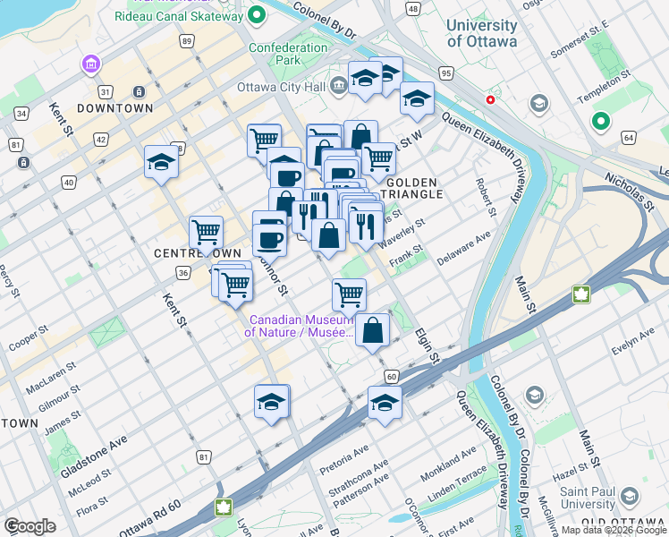 map of restaurants, bars, coffee shops, grocery stores, and more near 305 Metcalfe Street in Ottawa