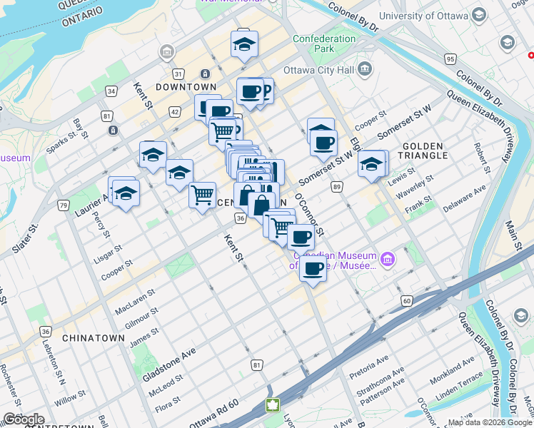 map of restaurants, bars, coffee shops, grocery stores, and more near 301 Bank Street in Ottawa