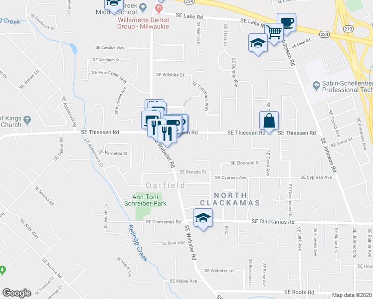 map of restaurants, bars, coffee shops, grocery stores, and more near 14840 Southeast Webster Road in Milwaukie