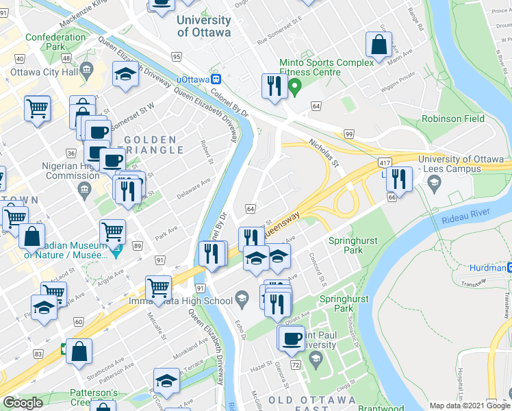 map of restaurants, bars, coffee shops, grocery stores, and more near in Ottawa