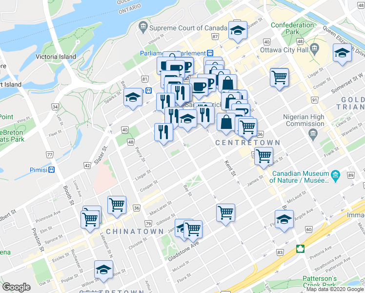 map of restaurants, bars, coffee shops, grocery stores, and more near in Ottawa