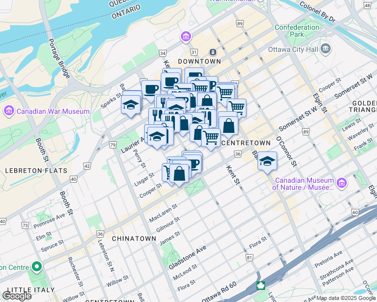 map of restaurants, bars, coffee shops, grocery stores, and more near 455 Lisgar Street in Ottawa