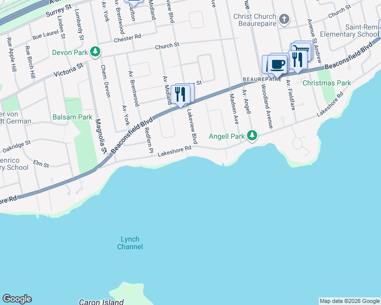 map of restaurants, bars, coffee shops, grocery stores, and more near 554 Rue Lakeshore in Beaconsfield