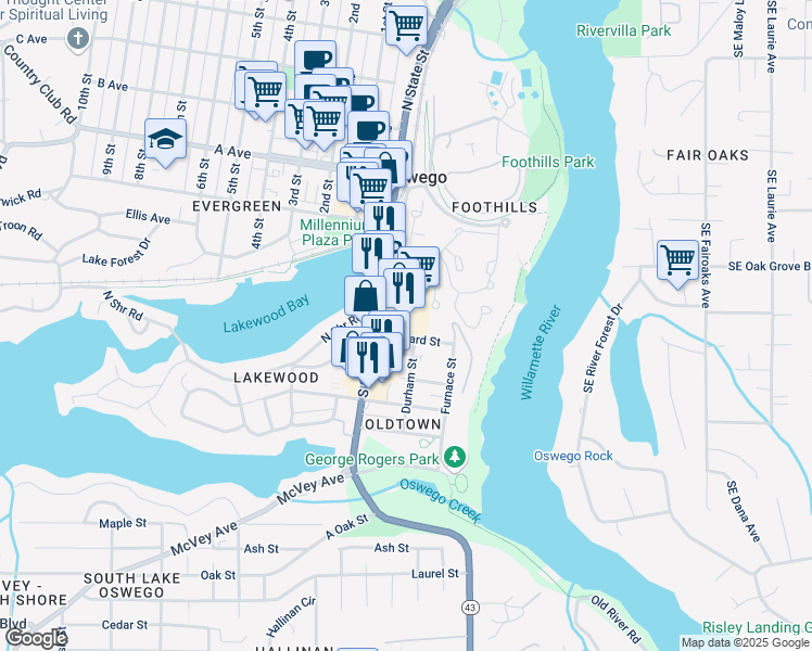 map of restaurants, bars, coffee shops, grocery stores, and more near 55 South State Street in Lake Oswego