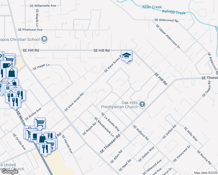 map of restaurants, bars, coffee shops, grocery stores, and more near 4729 Southeast Concord Road in Milwaukie