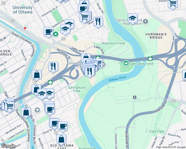map of restaurants, bars, coffee shops, grocery stores, and more near 180 Lees Avenue in Ottawa