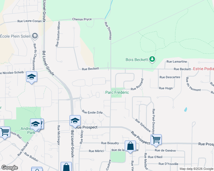 map of restaurants, bars, coffee shops, grocery stores, and more near 2805 Rue Honoré-De Balzac in Sherbrooke