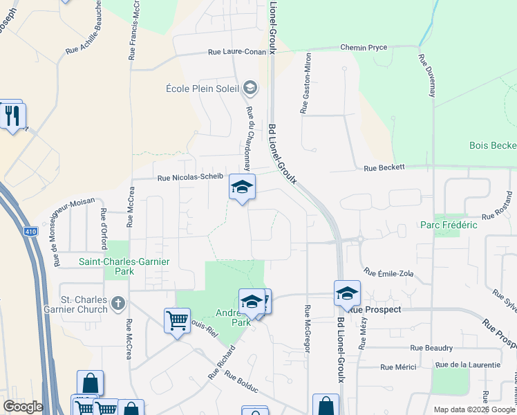 map of restaurants, bars, coffee shops, grocery stores, and more near 1012 Rue du Seyval in Sherbrooke