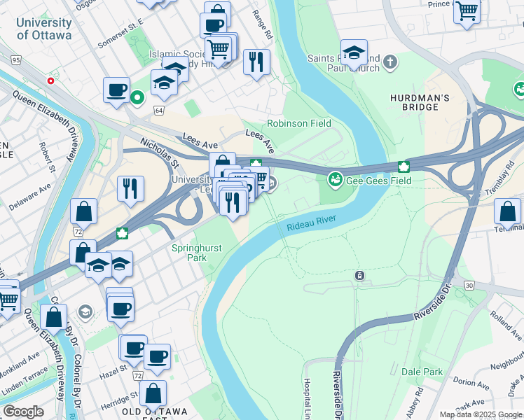 map of restaurants, bars, coffee shops, grocery stores, and more near 190 Lees Avenue in Ottawa