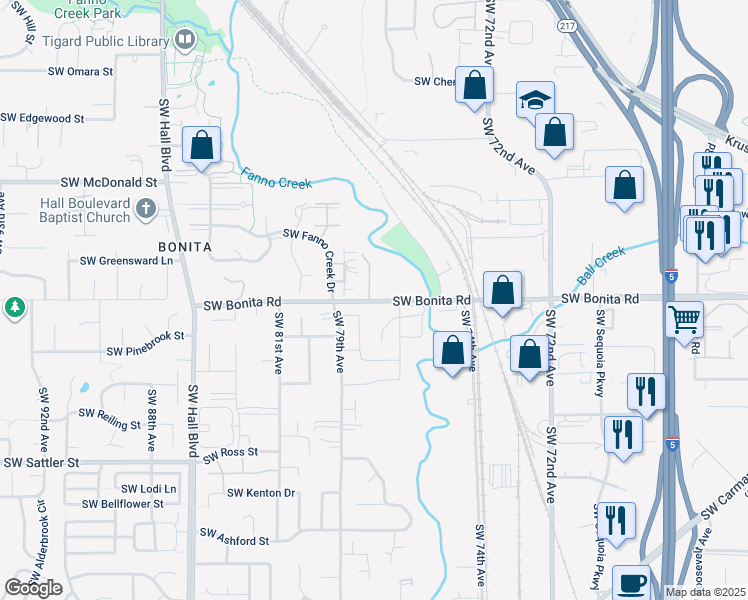 map of restaurants, bars, coffee shops, grocery stores, and more near 7775 Southwest Bonita Road in Tigard