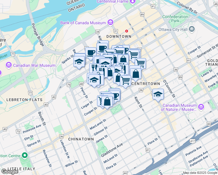 map of restaurants, bars, coffee shops, grocery stores, and more near in Ottawa
