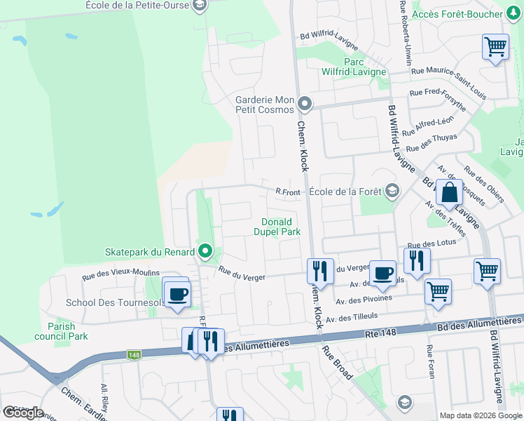 map of restaurants, bars, coffee shops, grocery stores, and more near 131 Rue du Carcajou in Gatineau