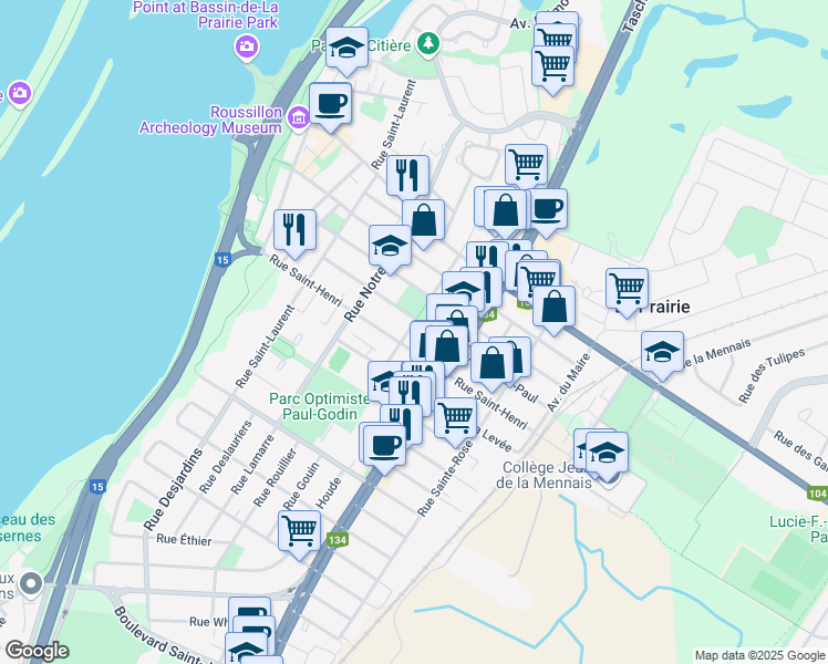map of restaurants, bars, coffee shops, grocery stores, and more near 395 Rue Sainte Catherine in La Prairie