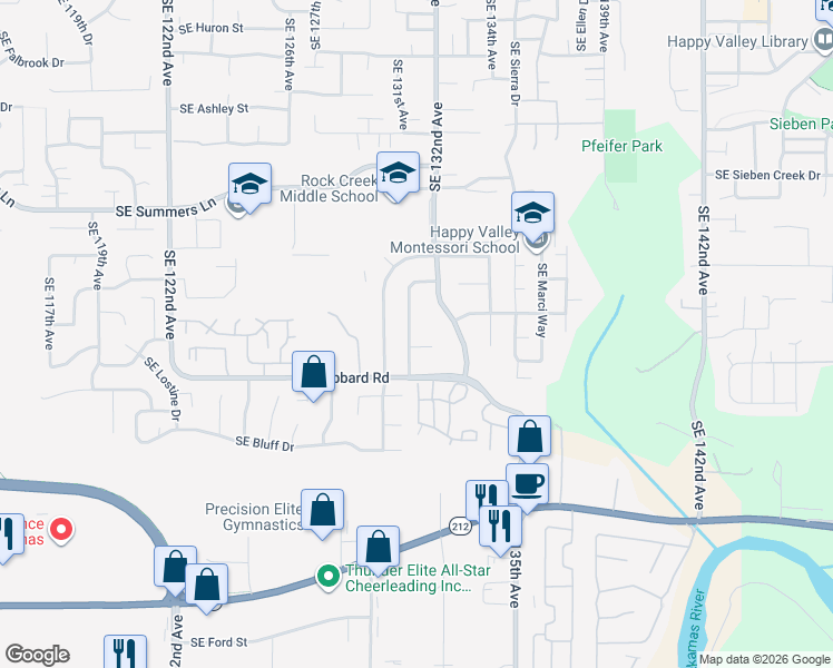 map of restaurants, bars, coffee shops, grocery stores, and more near 14833 Southeast 131st Drive in Clackamas