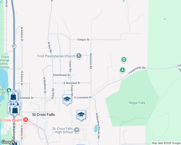 map of restaurants, bars, coffee shops, grocery stores, and more near 418 Pine Court in Saint Croix Falls