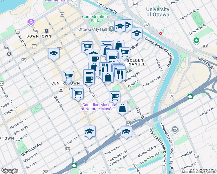 map of restaurants, bars, coffee shops, grocery stores, and more near 233 Gilmour Street in Ottawa