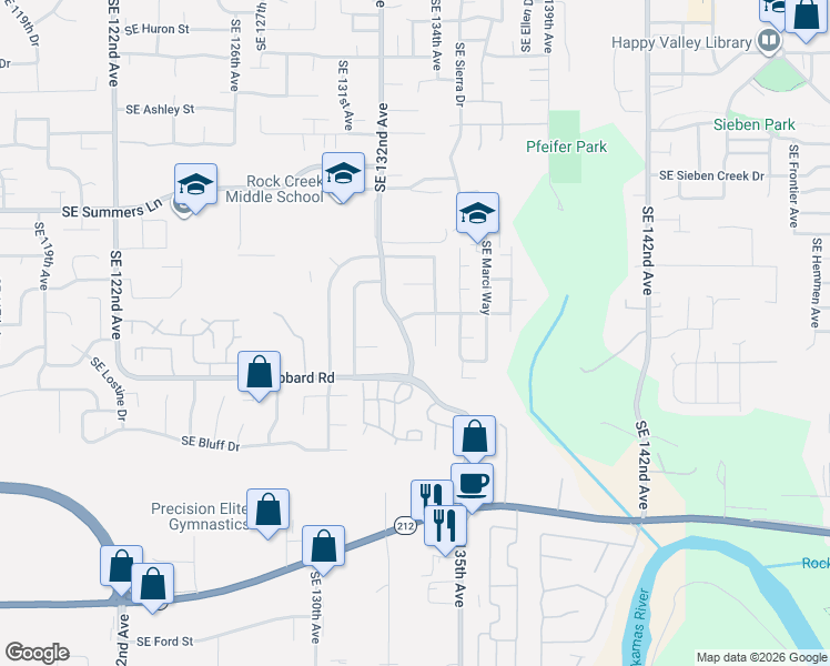 map of restaurants, bars, coffee shops, grocery stores, and more near 14822 Southeast 132nd Avenue in Clackamas