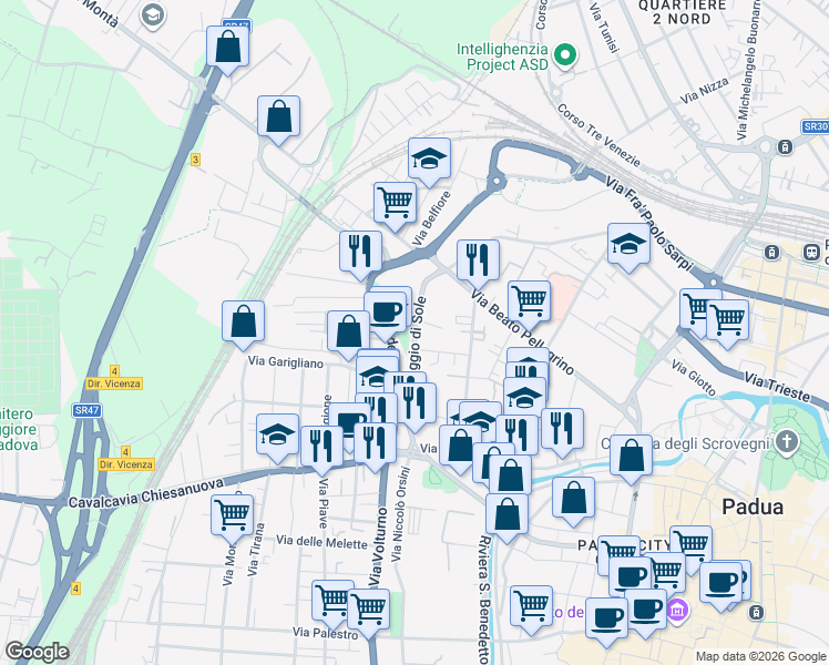 map of restaurants, bars, coffee shops, grocery stores, and more near Via Raggio di Sole in Padua