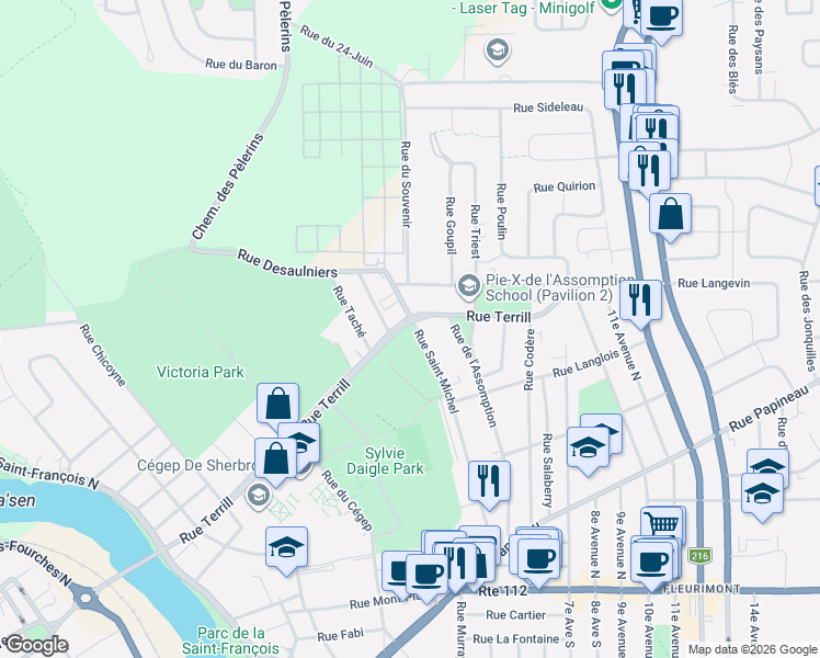 map of restaurants, bars, coffee shops, grocery stores, and more near 543 Rue Saint-Michel in Sherbrooke
