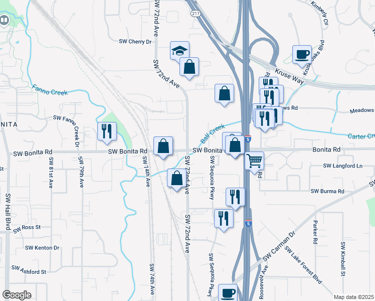 map of restaurants, bars, coffee shops, grocery stores, and more near SW 72nd Ave & SW Bonita Rd in Tigard