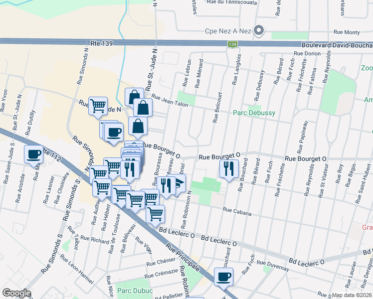 map of restaurants, bars, coffee shops, grocery stores, and more near 127 Rue Belcourt in Granby