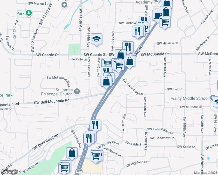 map of restaurants, bars, coffee shops, grocery stores, and more near 14325 Southwest Pacific Highway in Portland