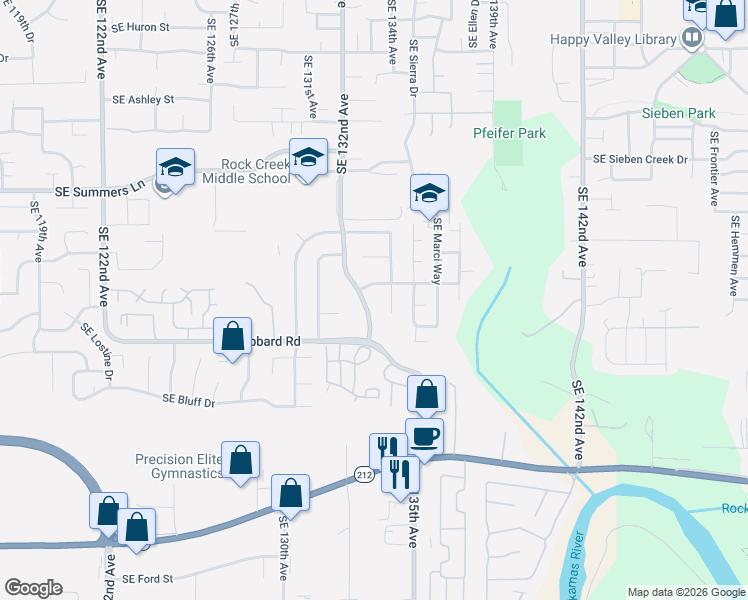 map of restaurants, bars, coffee shops, grocery stores, and more near 14822 Southeast 132nd Avenue in Clackamas
