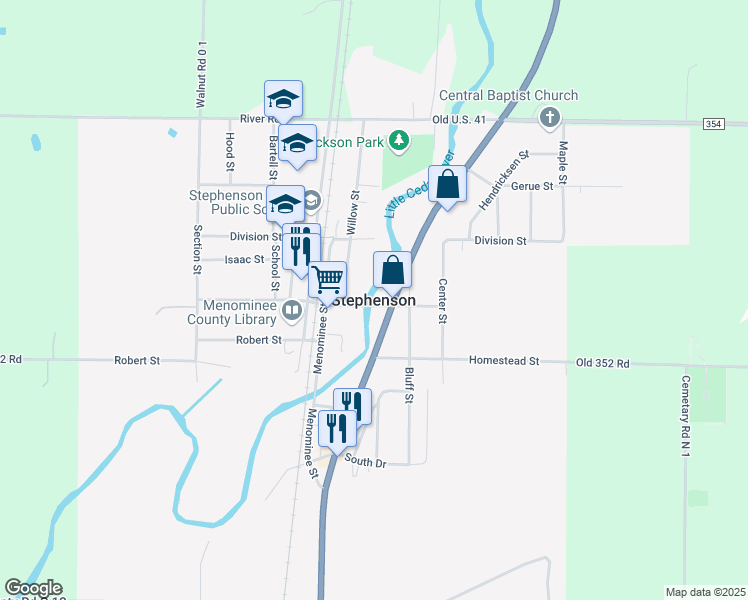 map of restaurants, bars, coffee shops, grocery stores, and more near in Stephenson