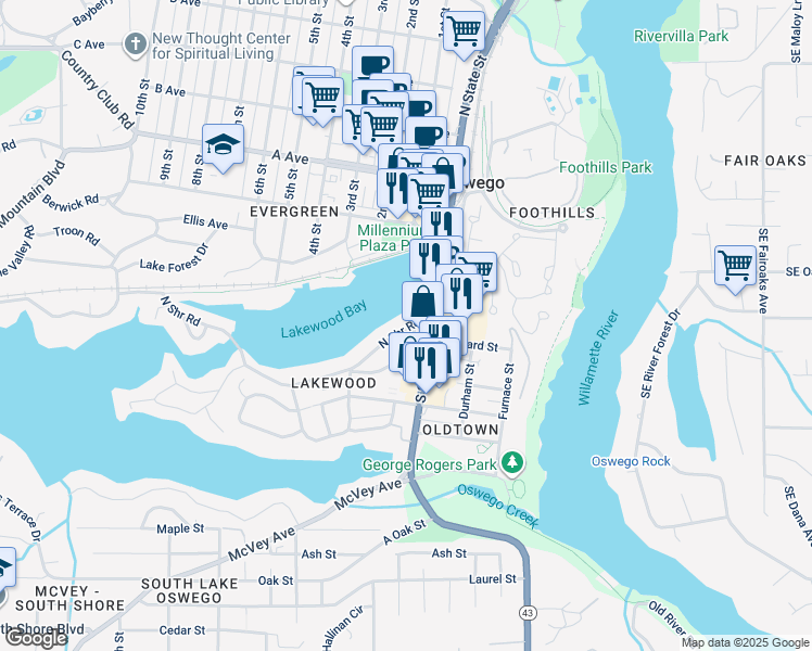 map of restaurants, bars, coffee shops, grocery stores, and more near 55 Northshore Road in Lake Oswego
