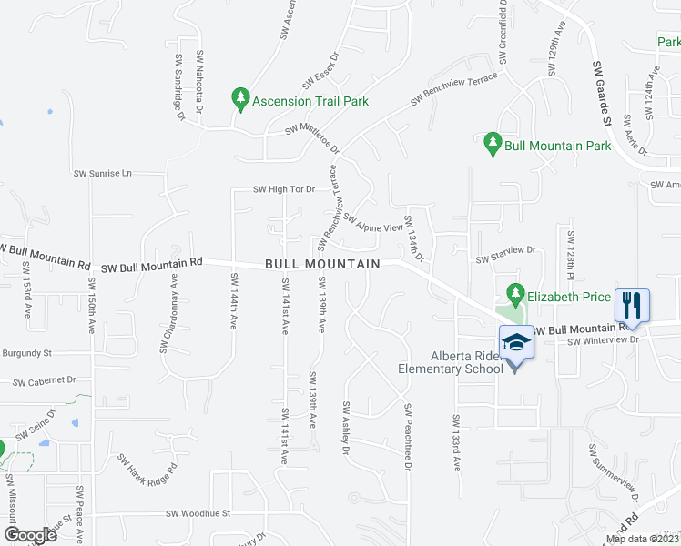 map of restaurants, bars, coffee shops, grocery stores, and more near 14465 Southwest Scarlett Place in Portland