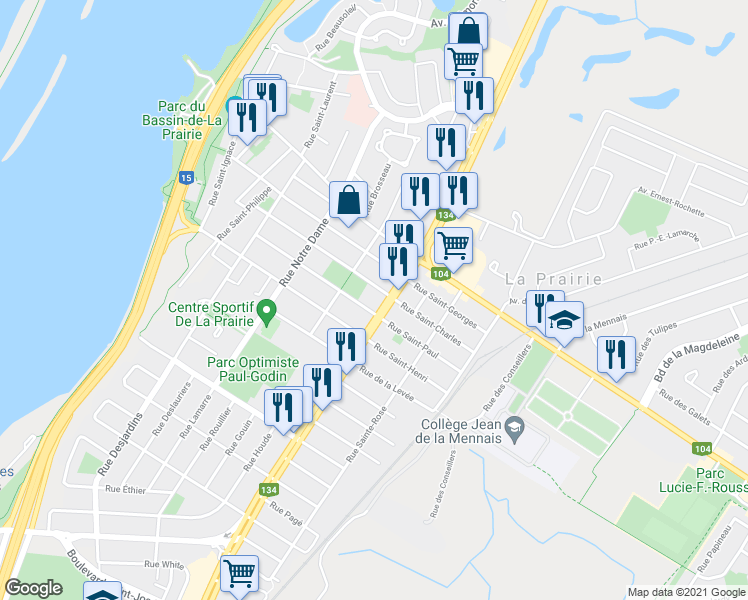 map of restaurants, bars, coffee shops, grocery stores, and more near 310 Boulevard Taschereau in La Prairie