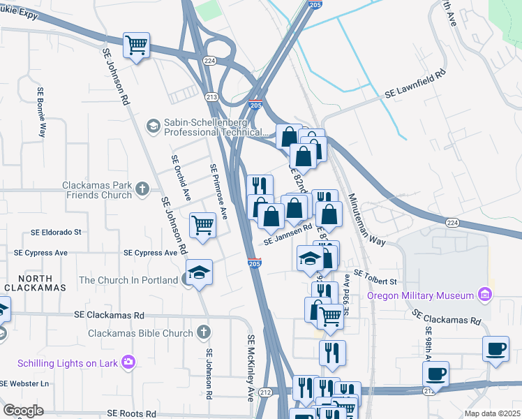 map of restaurants, bars, coffee shops, grocery stores, and more near 8810 SE Herbert Ct in Clackamas