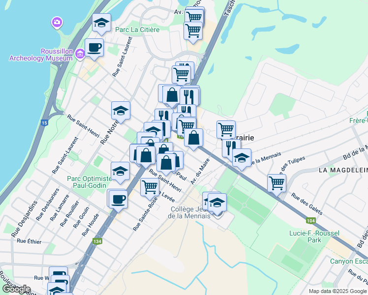 map of restaurants, bars, coffee shops, grocery stores, and more near 587 Rue Saint-Georges in La Prairie