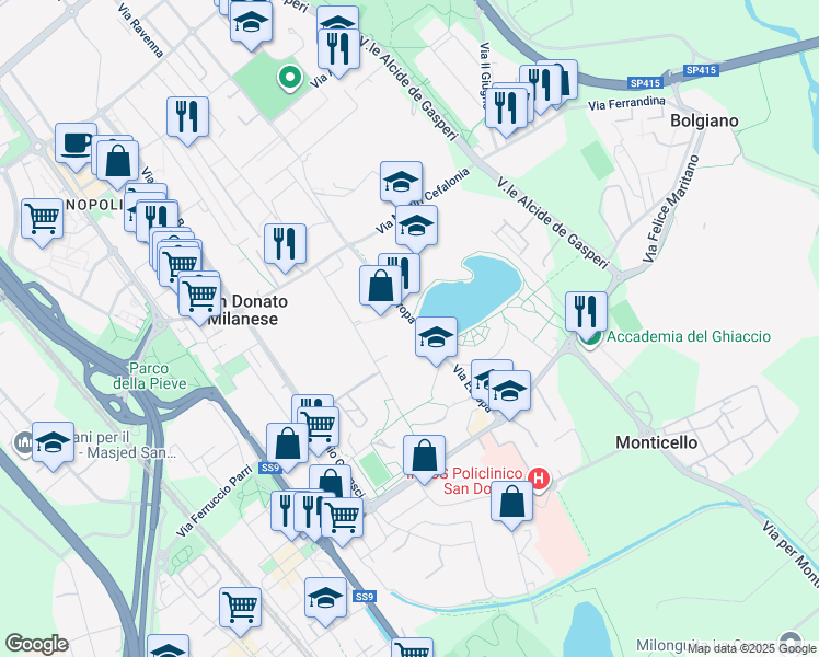 map of restaurants, bars, coffee shops, grocery stores, and more near 22 Piazza Generale Carlo Alberto dalla Chiesa in San Donato Milanese