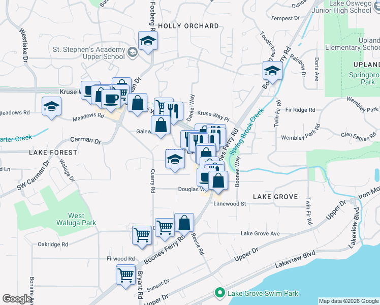 map of restaurants, bars, coffee shops, grocery stores, and more near in Lake Oswego
