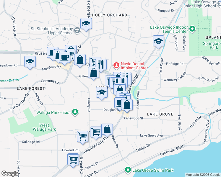 map of restaurants, bars, coffee shops, grocery stores, and more near in Lake Oswego