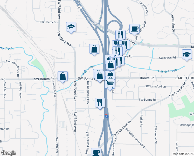map of restaurants, bars, coffee shops, grocery stores, and more near 6716 Southwest Bonita Road in Tigard
