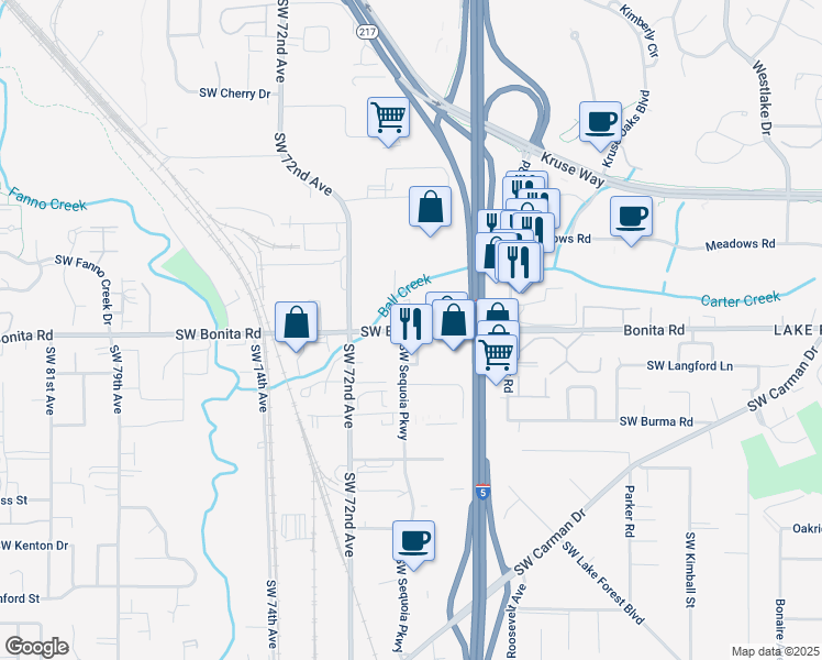map of restaurants, bars, coffee shops, grocery stores, and more near 6777 Southwest Bonita Road in Tigard